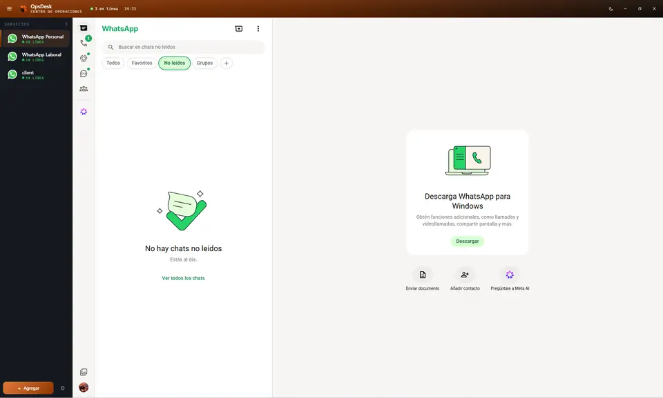 Centro de operaciones OpsDesk con WhatsApp, Telegram y Slack en una sola ventana.